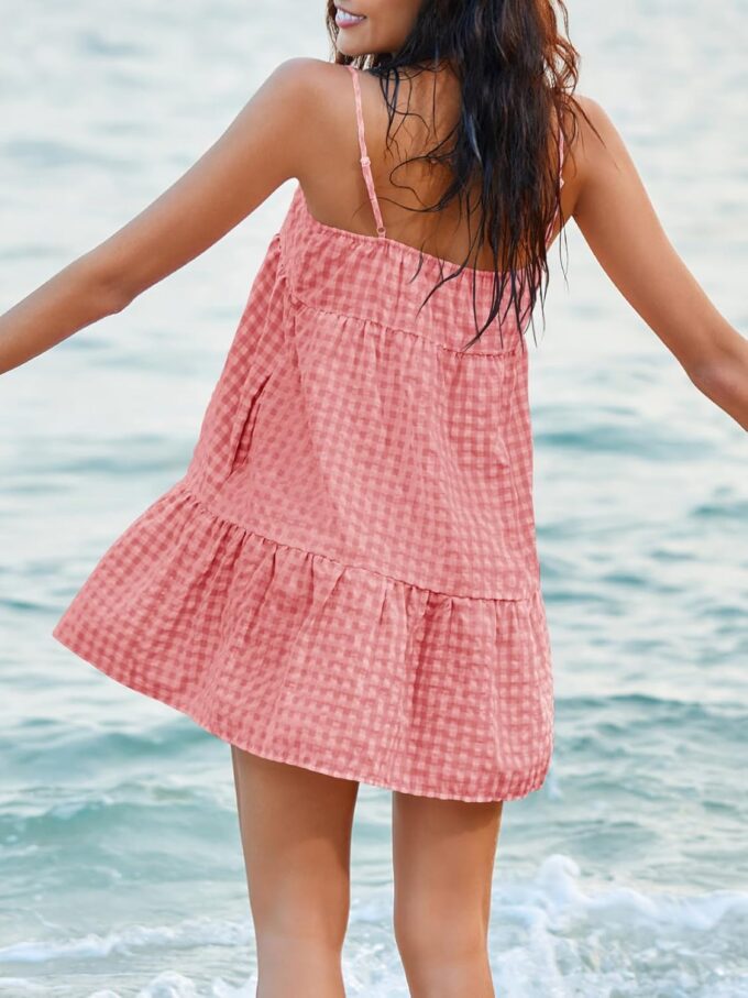 Wenrine Womens Summer Plaid Mini Dress Casual Spaghetti Strap Sleeveless A Line Beach Sundress with Pockets – Bild 4