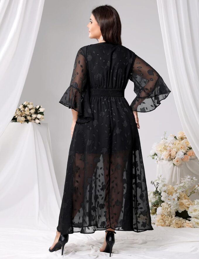 Women's V Neck Floral Dress Bell Half Sleeve Smocked Waist Side Split Flowy A Line Maxi Wedding Guest Dresses – Bild 4