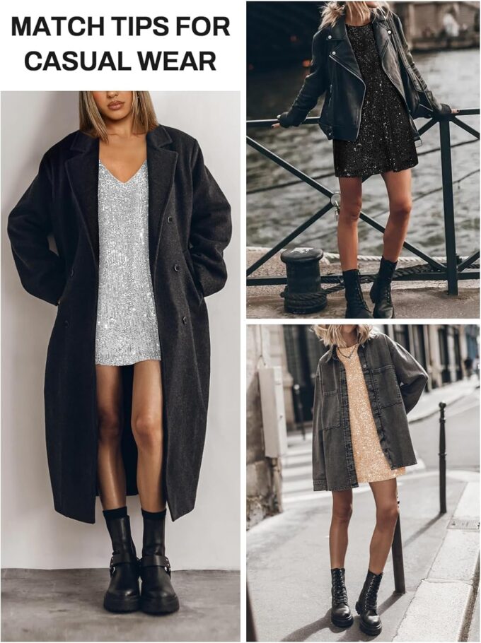 Women's Crew Neck Sequin Dress for Women Sexy V Neck Shirt Dress Sparkly Half Sleeve Loose Party Club Cocktail Dress – Bild 4