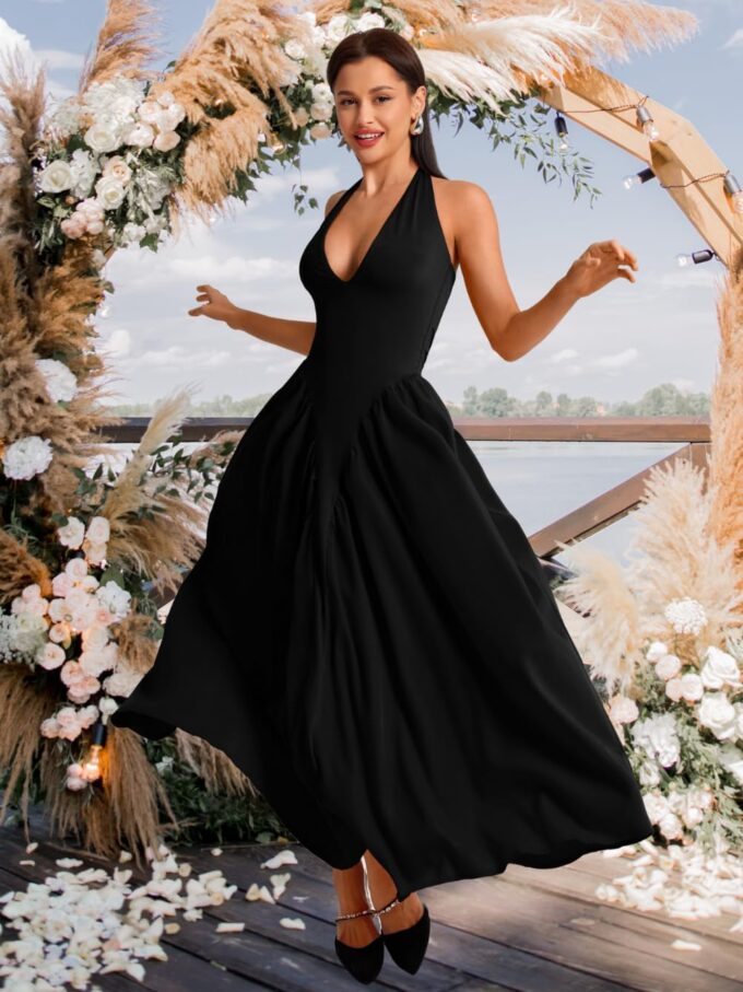 Deep V Neck Dress, Halter Maxi Dresses, Vacation Date Night, Sexy for Women Corset Flowy Wedding Guest Drop Waist – Bild 7
