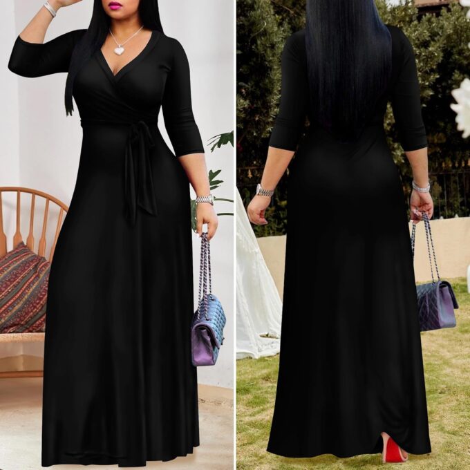 FANDEE Women's 2025 Maxi Dress - Solid Color Bohemian Summer Long Maxi Dress V-Neck 3/4 Sleeve – Bild 4