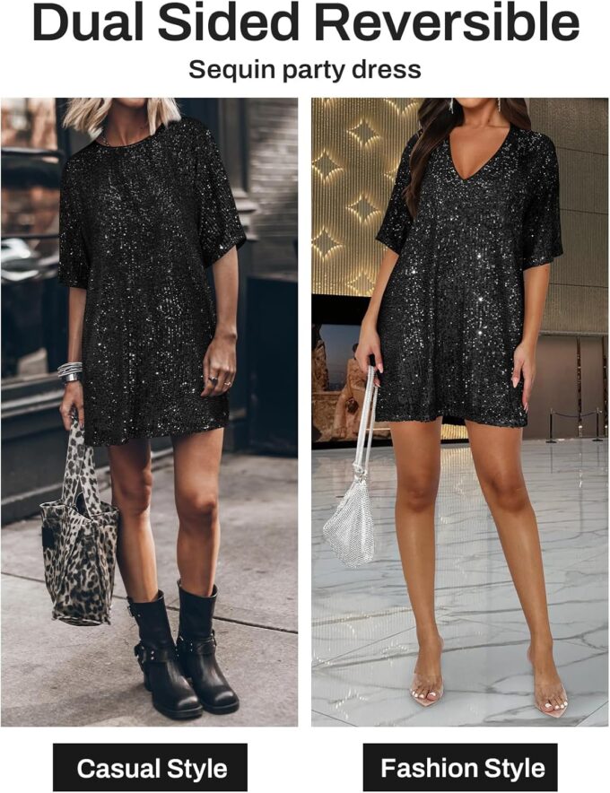 Women's Crew Neck Sequin Dress for Women Sexy V Neck Shirt Dress Sparkly Half Sleeve Loose Party Club Cocktail Dress – Bild 2
