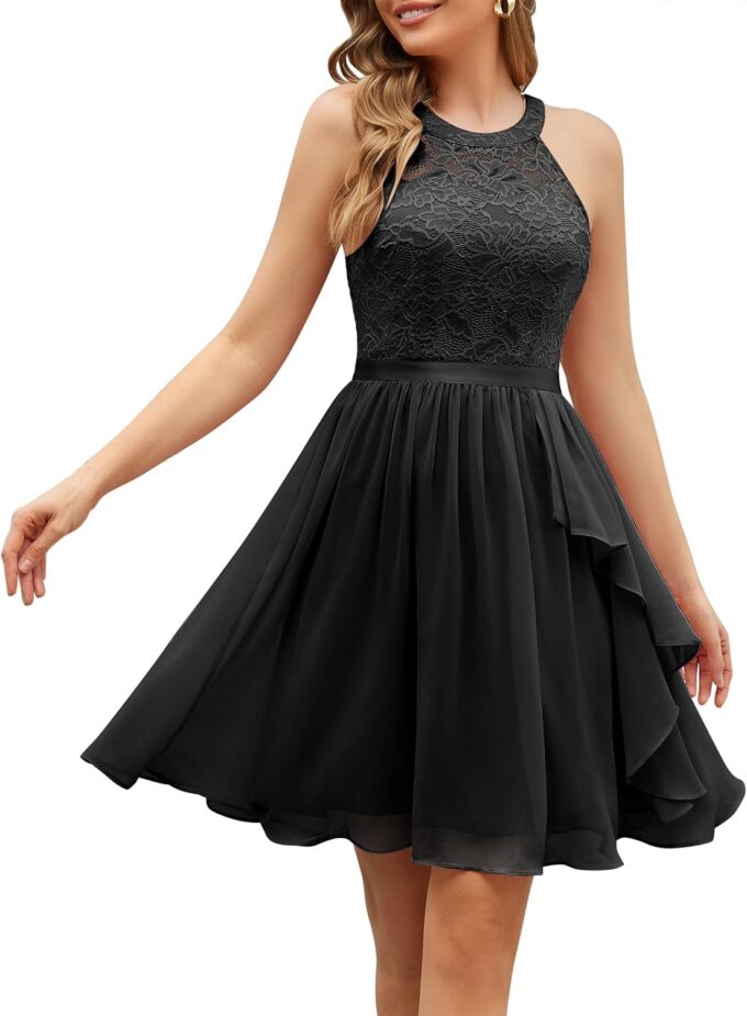 Wedtrend Cocktailkleid Elegant für Hochzeit A Linie Neckholder Rüschenkleid Abendkleid Damen Knielang Chiffon Abschlusskleid