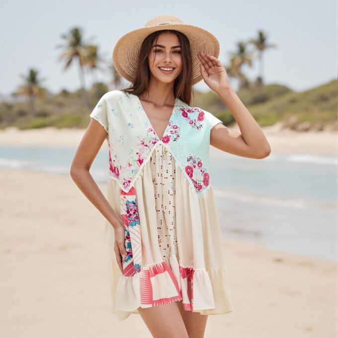Women’s Boho Mini Dress Y2k Floral Print Deep V-Neck Puff Sleeve Short Dress 2025 Summer Loose Beach Sundress – Bild 4