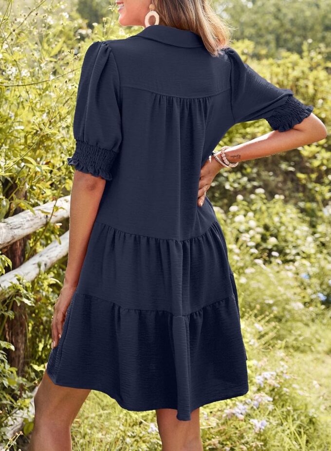 Dokotoo Casual Dresses for Women Lapel Collared V Neck Mid Sleeved Pleated Summer Dresses for Women 2025 Midi Dresses – Bild 3