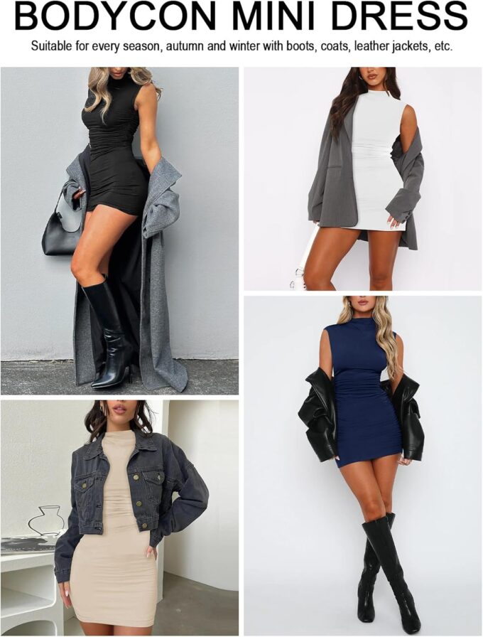 Women's Sexy Summer Casual Mock Neck Sleeveless Bodycon Dresses Ruched Turtleneck Cocktail Party Mini Dress – Bild 5