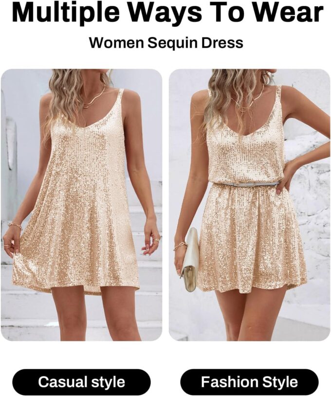 Women's Sequin Dress for Women Sparkly Glitter V Neck Shift Cocktail Disco Outfit Party Club Night Out Mini Dresses – Bild 3