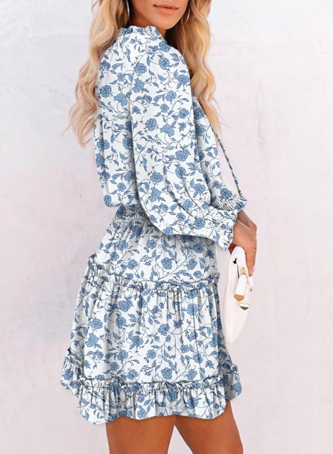 Dokotoo Summer Dresses for Women 2025 Boho Floral Drawstring V Neck Smocked Long Sleeve Ruffle Tiered Chiffon Mini Dress – Bild 2