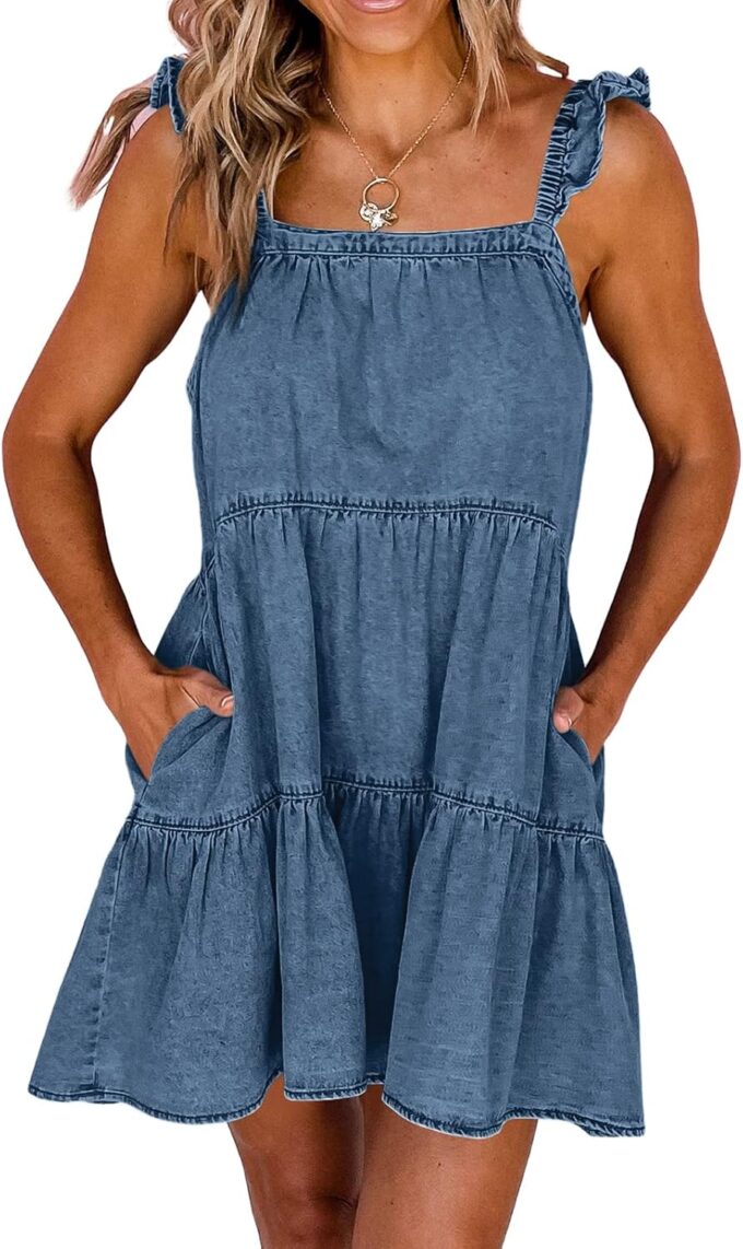 Newffr Womens Summer Denim Dress Square Neck Ruffle Trim Sleeveless Babydoll Dress Flowy Jean Dress with Pockets