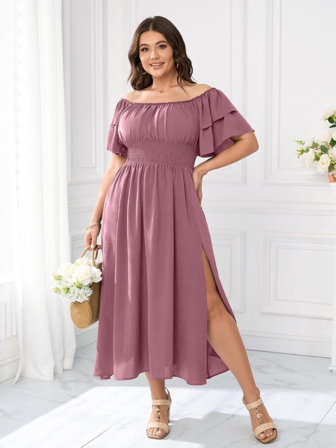 Plus Size Maxi Dress Off The Shoulder Ruffle Smocked Wedding Guest Cocktail Slit Hem Flowy Dresses for Curvy Women – Bild 2