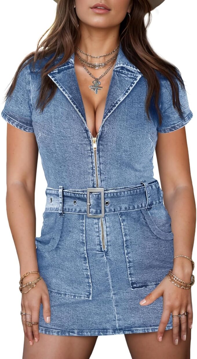 Wenrine Womens Summer Denim Dresses Bodycon Zipper Front Belted Sexy Mini Casual Dress with Pockets