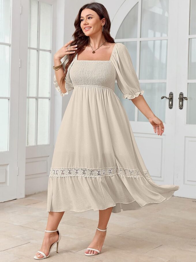 SCOMCHIC Women's Plus Size Maxi Dress Short Sleeve Square Neck Smocked Flowy A-Line Lace Trim Boho Wedding Guest Dresses – Bild 7