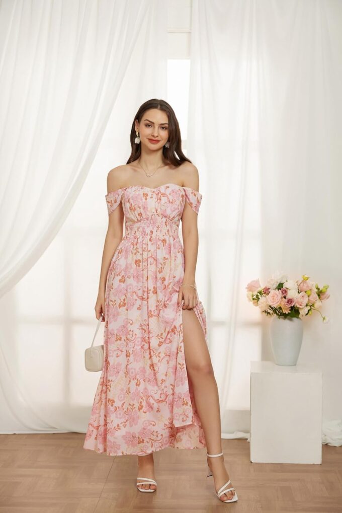 GRACE KARIN 2025 Women's Summer Floral Print Flowy A Line Maxi Dresses Sleeveless Smocked Off Shoulder Dress – Bild 4