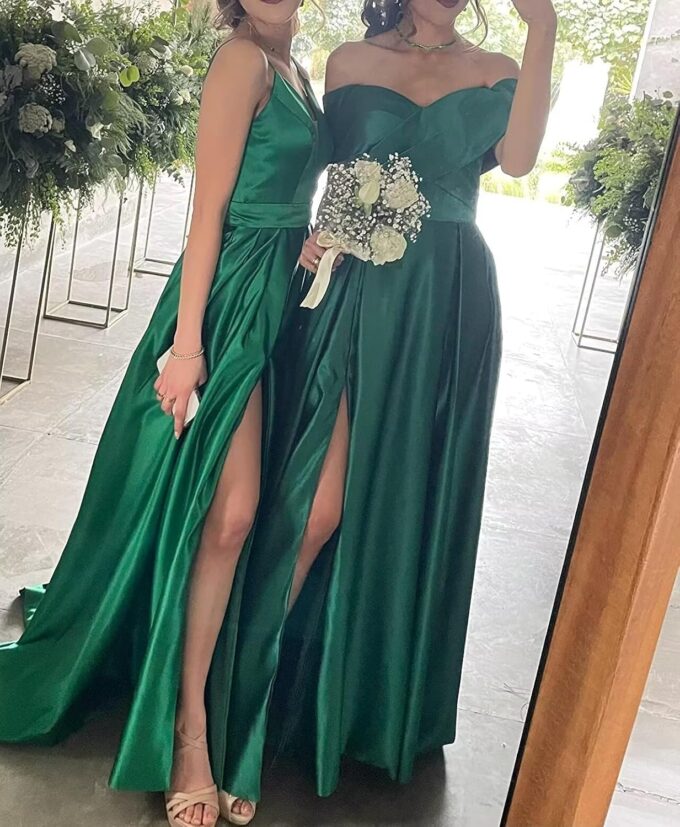 Damen Abschlusskleider Lang mit Taschen Off Shoulder Satin Ballkleider mit Korsett Schlitz A-Linie Formelle Party Abendkleid – Bild 6