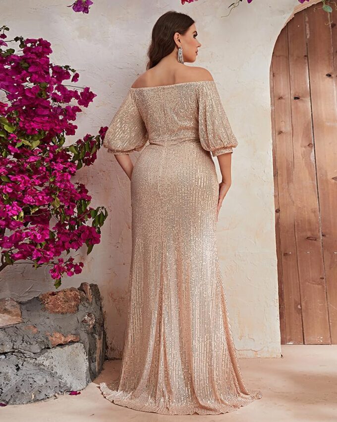 Women's Plus Size Off Shoulder Puff Sleeve Sequin Formal Maxi Dress Evening Party Gowns – Bild 5