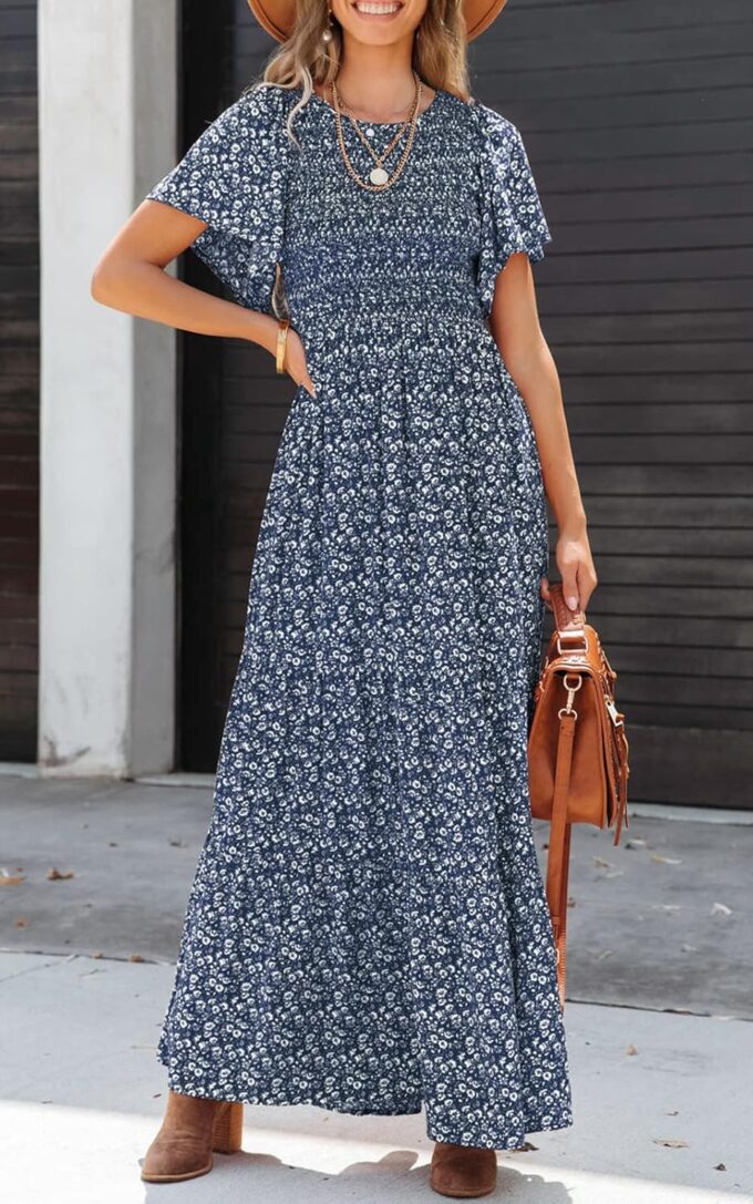PRETTYGARDEN Women's 2025 Summer Casual Flutter Short Sleeve Boho Floral Maxi Dress Crew Neck Smocked Tiered Long Dresses – Bild 3