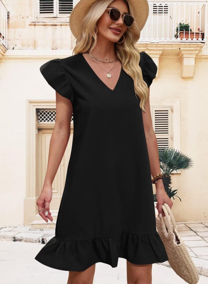 QACOHU Spring Summer Dresses for Women 2025 V Neck Cap Sleeve Ruffle Hem Smock Short Casual Outings Beach Dress – Bild 3