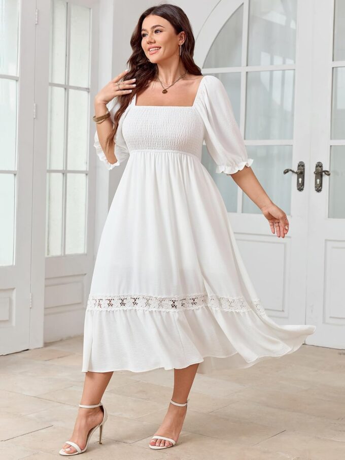 SCOMCHIC Women's Plus Size Maxi Dress Short Sleeve Square Neck Smocked Flowy A-Line Lace Trim Boho Wedding Guest Dresses – Bild 7