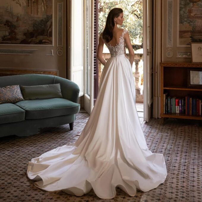 Frauen Spaghettiträger Satin Meerjungfrau Brautkleider Spitze Applique mit Abnehmbarem Zug Brautkleider, APZKNHDA, Elfenbeinfarben, 36 – Bild 6