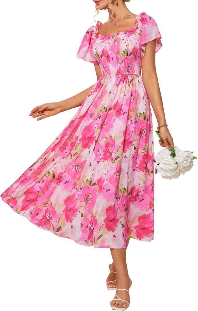 GRACE KARIN Damen Kleider Schulterfreies Blumen Hochzeitskleid mit Taschen Elegant Sommerkleid Damen Leicht und Luftig