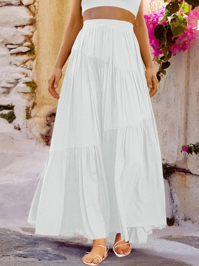 ANRABESS Women’s Boho Elastic High Waist Pleated A-Line Flowy Swing Asymmetric Tiered Maxi Long Skirt Dress with Pockets – Bild 2