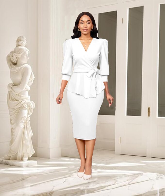Yiershu Elegant Church Dress for Women Sexy v Neck 3/4 Sleeve Peplum Dress Business – Bild 3