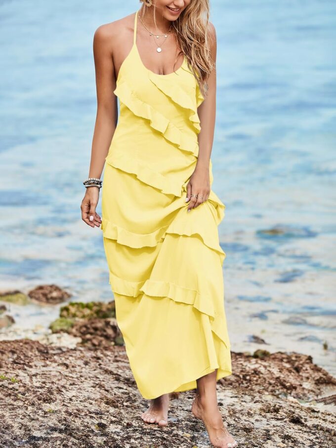 Wenrine Womens Sexy Chiffon Halter Maxi Dress Sleeveless Backless Ruffle Tassel Party Club Dresses – Bild 2
