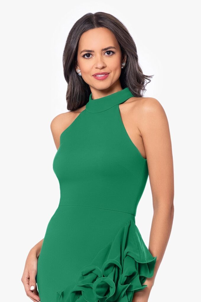 Betsy & Adam Women's Sleeveless High Neck Ruffle Detail Asymmetrical Hem Dress – Bild 4