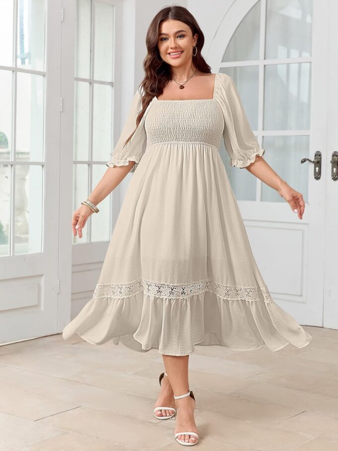 SCOMCHIC Women's Plus Size Maxi Dress Short Sleeve Square Neck Smocked Flowy A-Line Lace Trim Boho Wedding Guest Dresses – Bild 5
