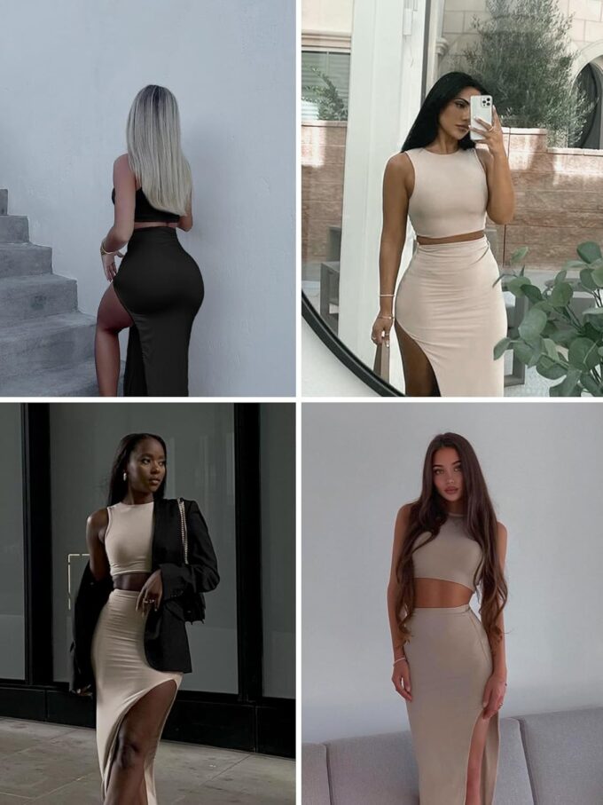 ELLEVEN Sexy 2 Piece Maxi Skirt Sets for Women - Knit Bodycon Crop Tank Top and High Slit Skirt Dress Set, Summer Outfits – Bild 5