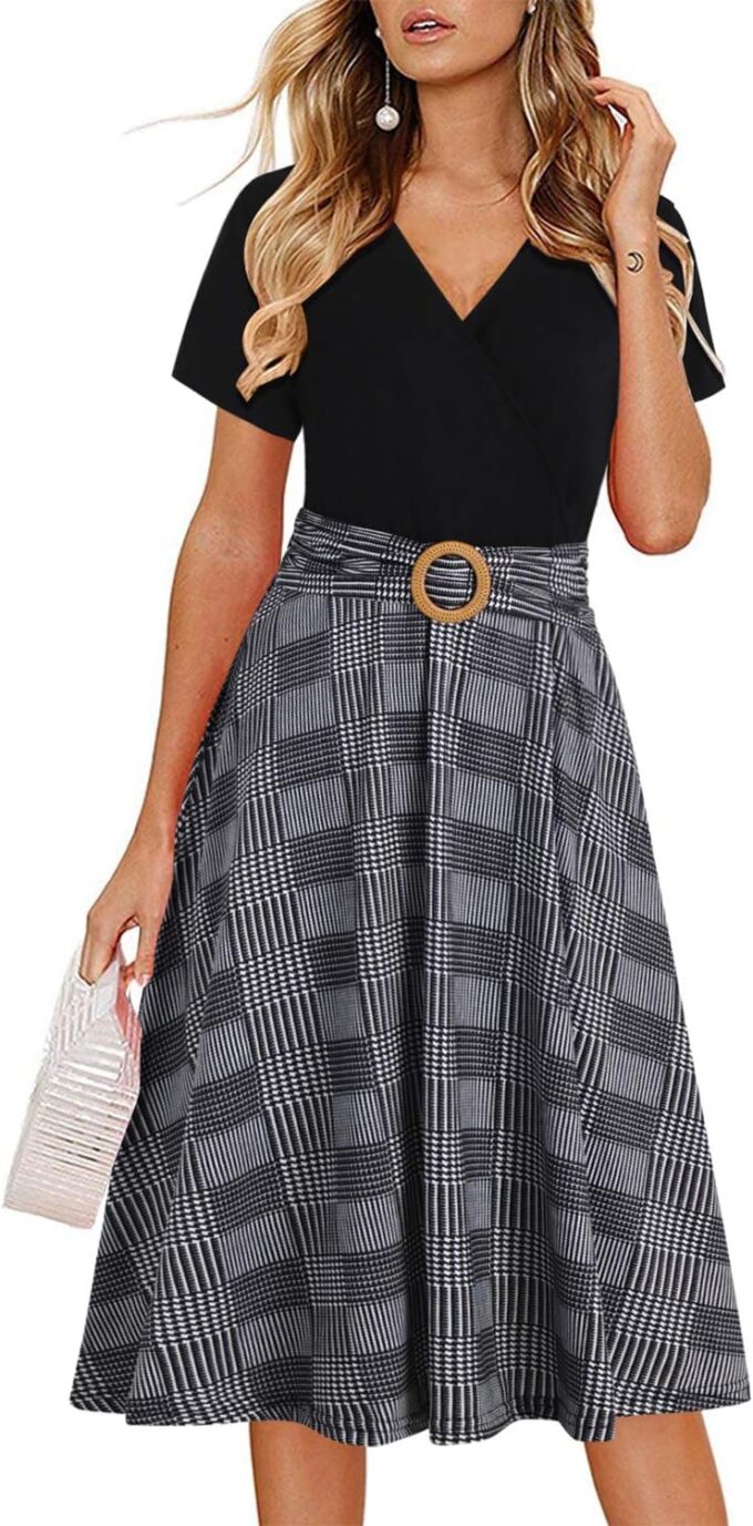 Women's Elegant Criss-Cross V Neck Vintage Short Sleeve Work Casual Fit and Flare Tea Dress with Pockets 980