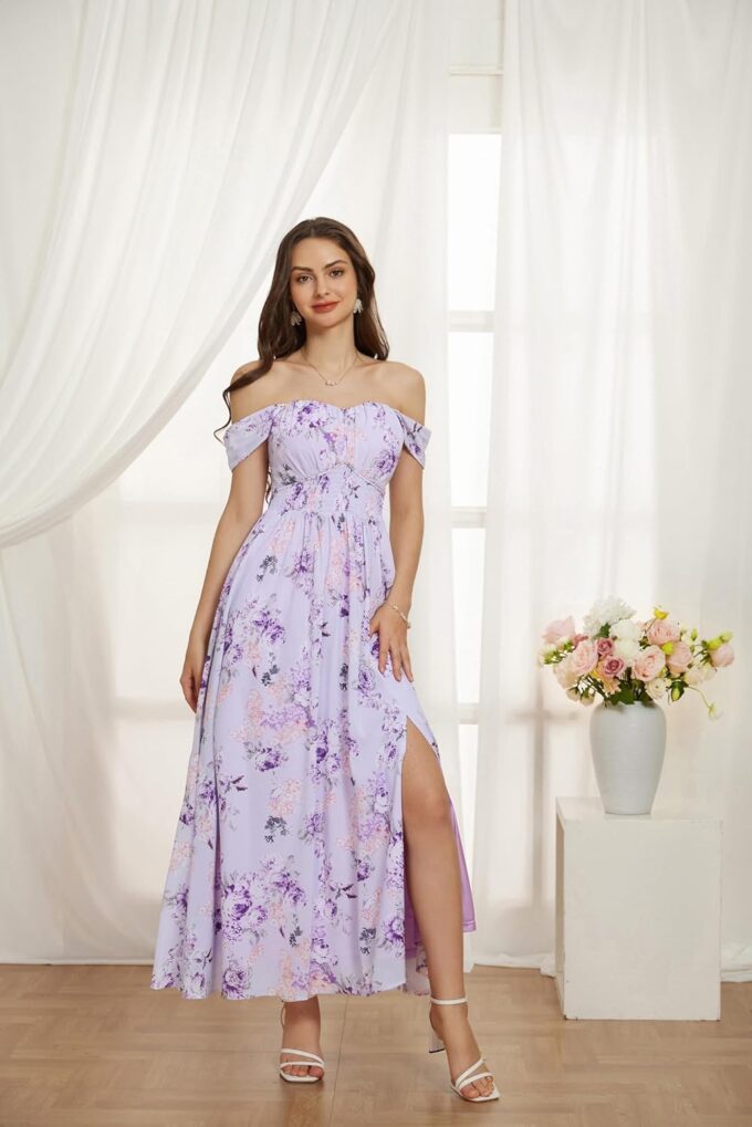 GRACE KARIN 2025 Women's Summer Floral Print Flowy A Line Maxi Dresses Sleeveless Smocked Off Shoulder Dress – Bild 2