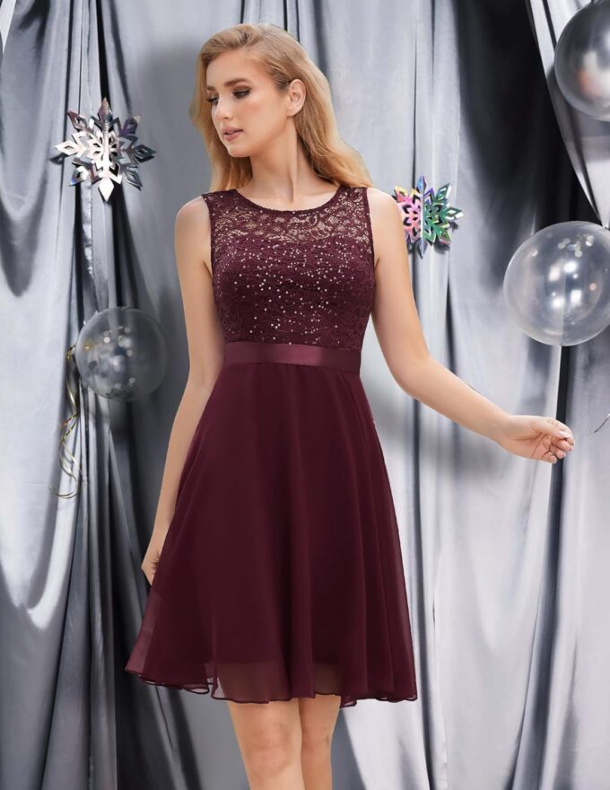 Berylove Cocktailkleid Damen Abendkleider Elegant für Hochzeit Kleid Hochzeitsgast Chiffon Ärmellos Spitzenkleid – Bild 5