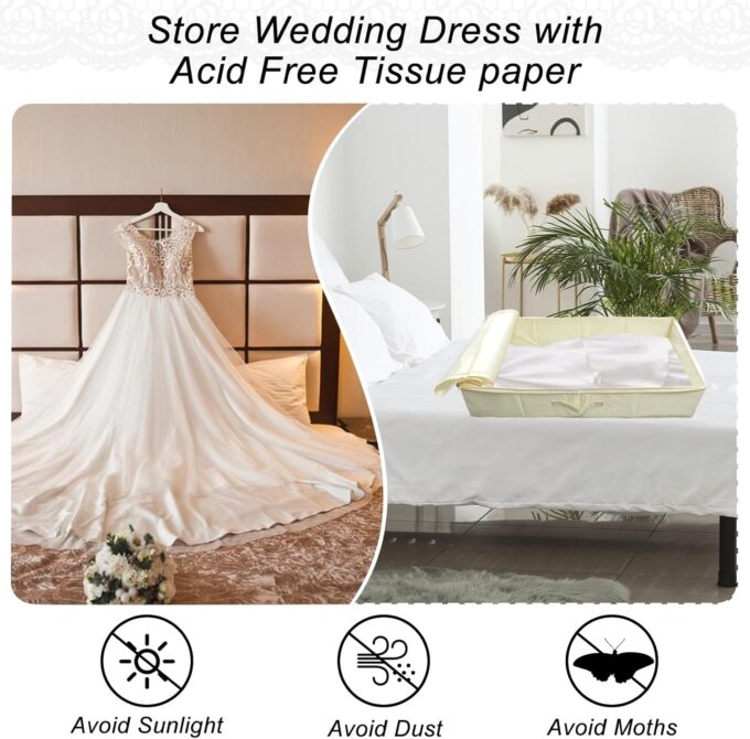 Hochzeitskleid Aufbewahrungsbox Hochzeitskleid Konservierungsbox Staubdichtes Hochzeit Keedsake Box mit Griffbox für unter Bettschrank mit 40 säurefreien Seidenpapieren 70x38x17cm – Bild 5