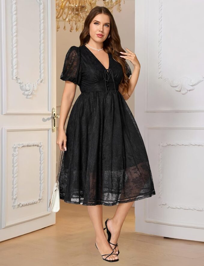 Plus Size Summer Dresses for Women 2025 V Neck Lace Midi Dress Semi Formal Short Sleeve Wedding Guest Cocktail Prom – Bild 7