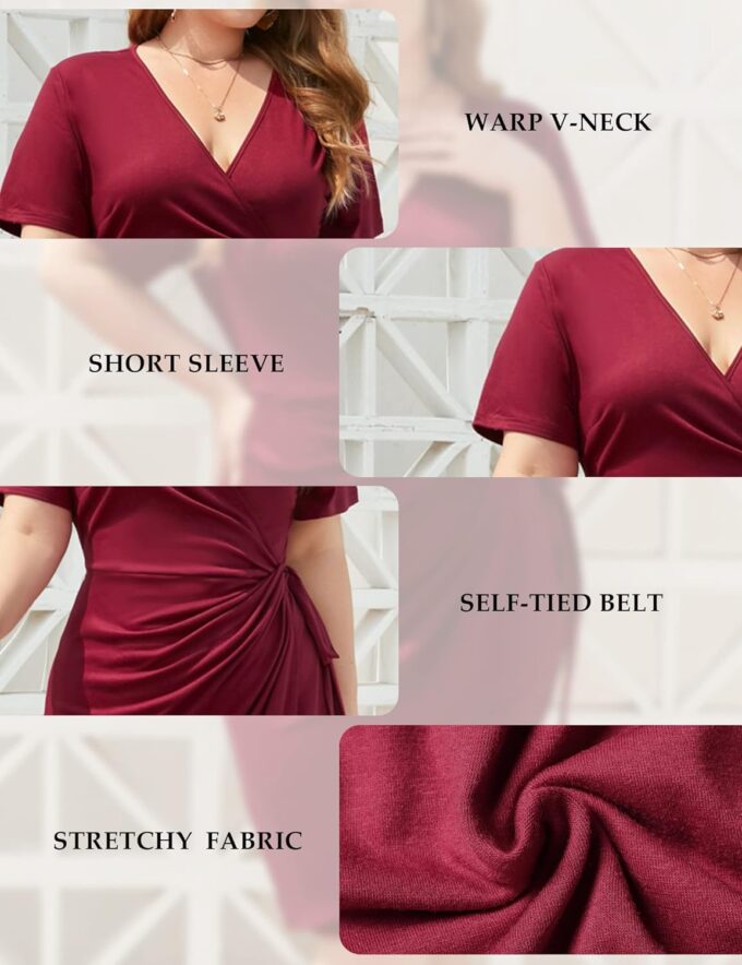 WINDMILL Damen-Kleid, Übergröße, Wickelkleid, V-Ausschnitt, gerüschte Taille, kurze Ärmel, knielang, Überkleid – Bild 5