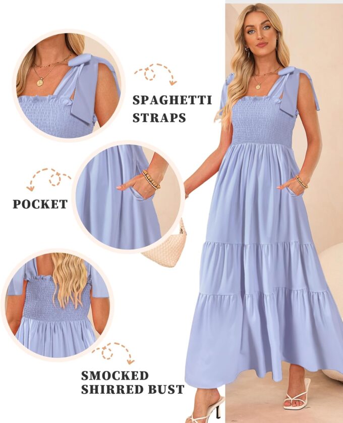 Women's Summer Maxi Dress Boho Spaghetti Straps Casual Long A-line Smocked Beach Dress Square Neck Flowy Sun Dress – Bild 4