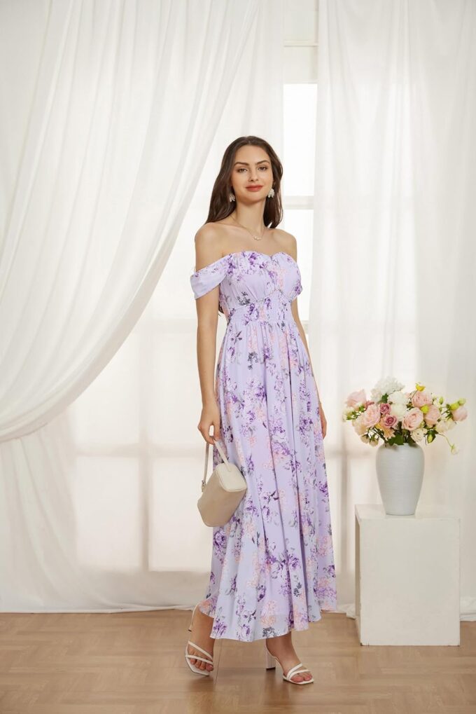 GRACE KARIN 2025 Women's Summer Floral Print Flowy A Line Maxi Dresses Sleeveless Smocked Off Shoulder Dress – Bild 3