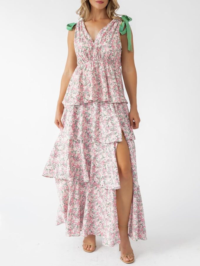 Wenrine Womens Summer Floral Maxi Dress Tie Strap Sleeveless V Neck High Slit Boho Ruffle Tiered Beach Dresses – Bild 3