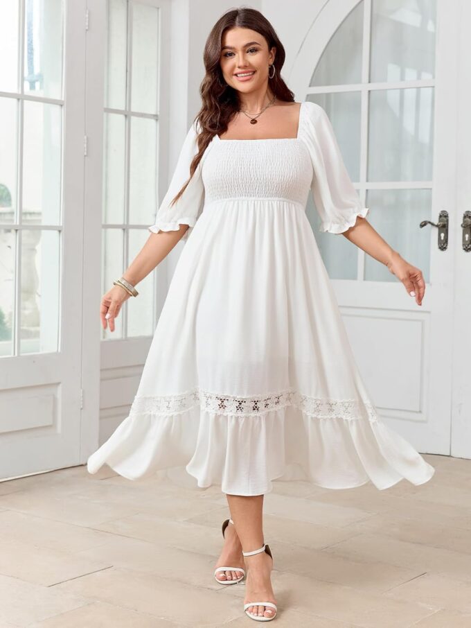 SCOMCHIC Women's Plus Size Maxi Dress Short Sleeve Square Neck Smocked Flowy A-Line Lace Trim Boho Wedding Guest Dresses – Bild 5