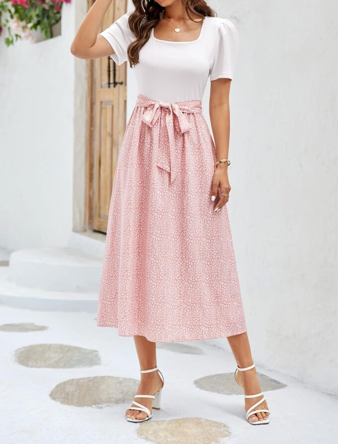 Damen-Sommerkleid, lässig, quadratischer Ausschnitt, lange Ärmel, gerippt, für Lehrer, Kirche, bescheidene Arbeit, Midi-Kleid mit Taschen – Bild 2