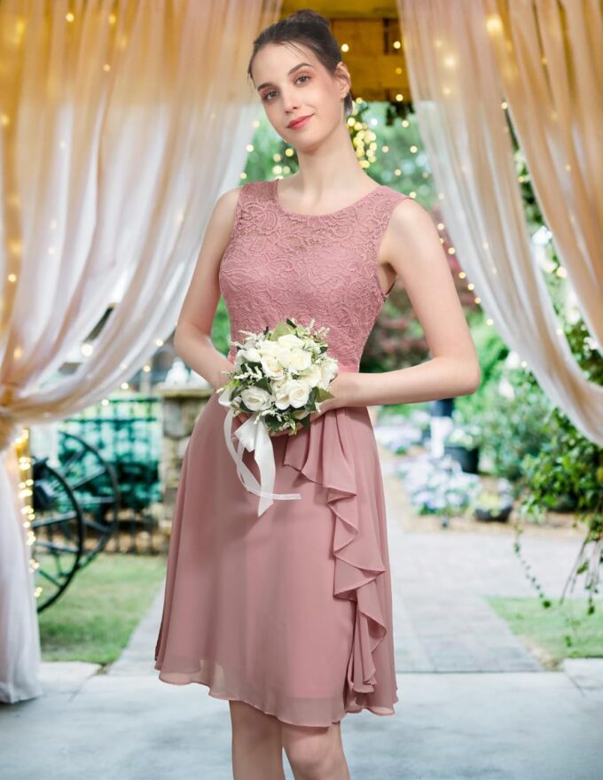 BeryLove Women's Cocktail Dresses Prom Wedding Guest Short Bridesmaid Dresses Ruffle Hem Sleeveless Lace Formal Dress – Bild 4