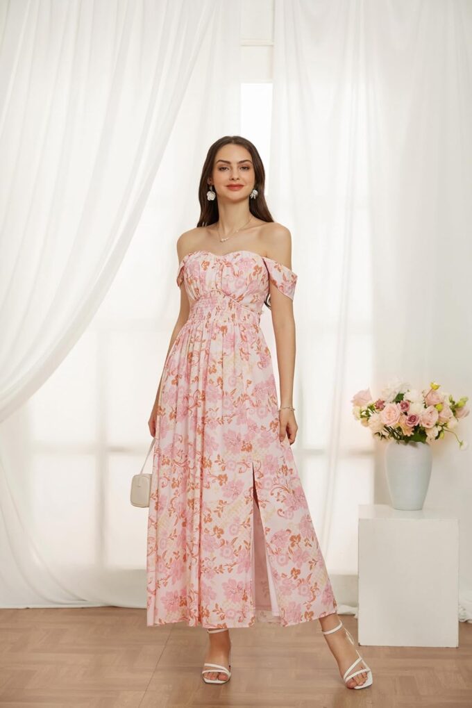 GRACE KARIN 2025 Women's Summer Floral Print Flowy A Line Maxi Dresses Sleeveless Smocked Off Shoulder Dress – Bild 2