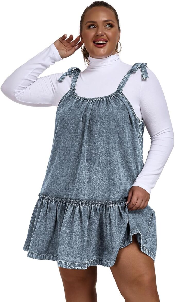 Women Denim Cami Dress Tie Shoulder Ruffle Hem Short Dresses Babydoll Wash Jean Sundress with Pocket – Bild 3