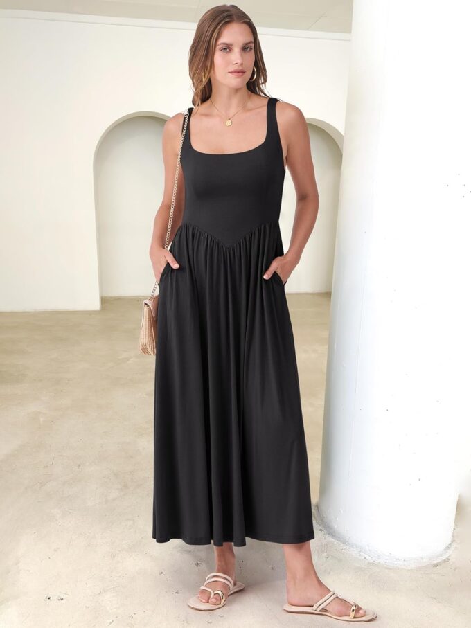 ANRABESS Sundresses for Women 2025 Summer Casual Sleeveless Square Neck Smocked Flowy Beach Vacation Midi Dress with Pockets – Bild 6
