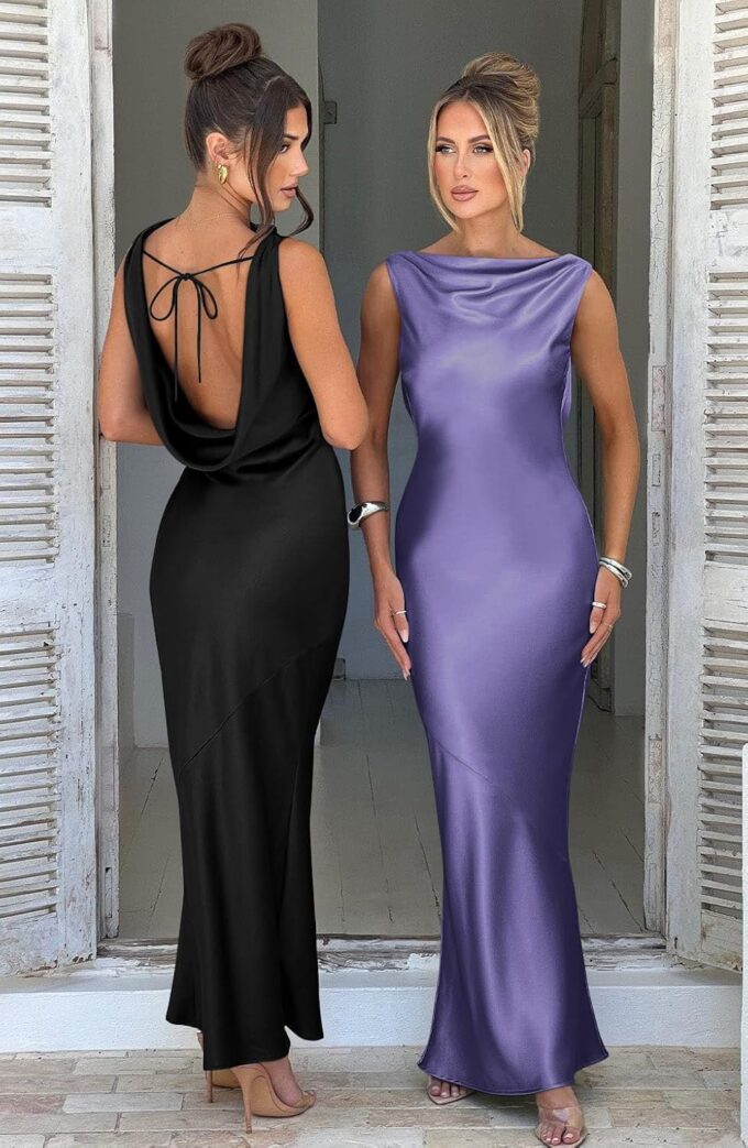 Memoriesea Women's Satin Elegant Sleeveless High Neck Tie Cocktail Party Maxi Dress – Bild 5