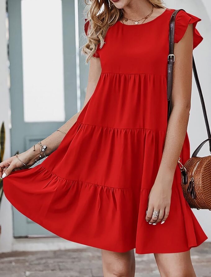 KIRUNDO Women's Summer Dresses Sleeveless Ruffle Sleeve Round Neck Solid Loose Short Flowy Pleated Mini Babydoll Dress – Bild 5