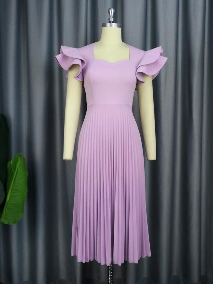 AOMEI Women's Light Purple Square Collar Ruffles Sleeve Pleated Elegant Midi Dress – Bild 3