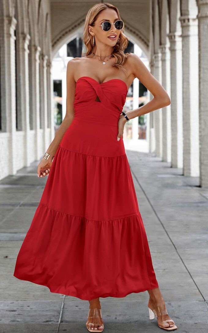 ECOWISH Women's Summer Strapless Maxi Dress 2025 Off Shoulder Hollow Out Smocked A Line Tube Tiered Long Dresses – Bild 2