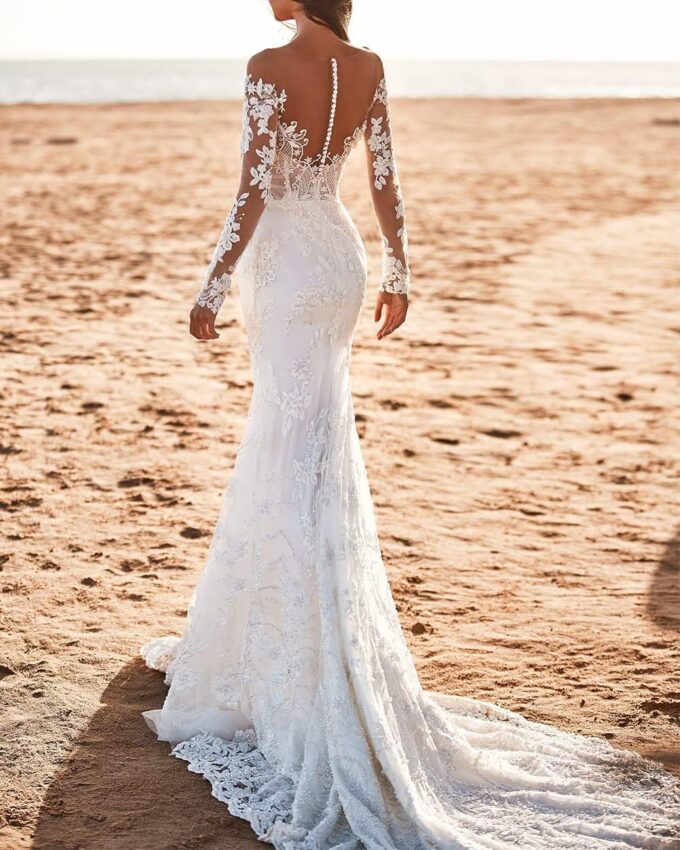 Langarm Meerjungfrau Brautkleid Standesamt Hochzeitskleider Tüll Brautkleider mit Schleppe, SEVENYXX, White, 36 – Bild 3